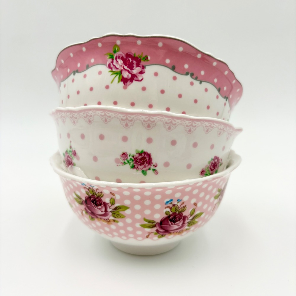 Park Chateau Pink Floral Polka Dot Ceramic Bowls Set of 3 Scalloped Rim 4.75in